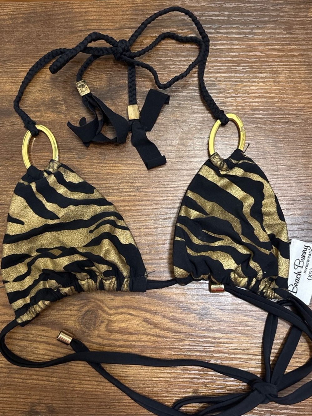 Black & Gold Zebra Print Triangle Bikini Top - Women's Swimwear